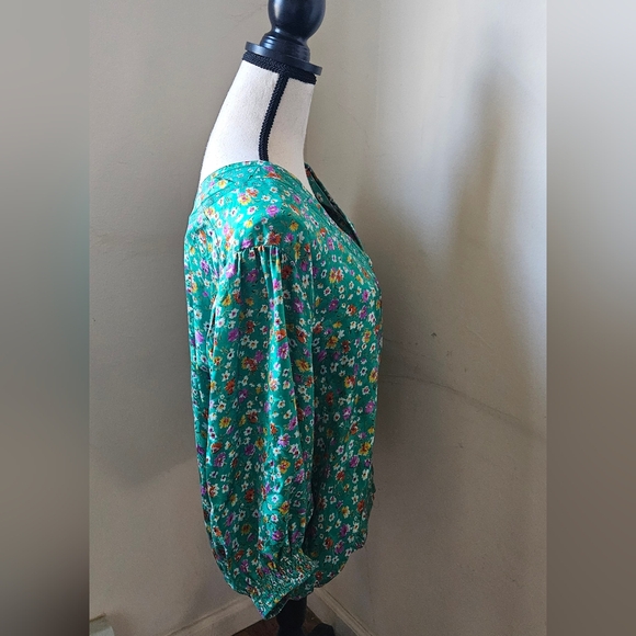 Mayeelok 100% Silk blouse shirts green floral flower size large 3/4 puffy elasti - Picture 6 of 12